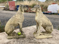 A FINE PAIR OF VINTAGE LIFE SIZE GARDEN STONE SCULPTURES ORNAMENTS OF DOGS