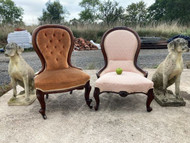 A FINE MATCHED PAIR OF VICTORIAN ANTIQUE LOW PARLOUR CHAIRS