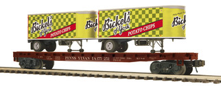 20-95508 O Scale MTH Premier Flat Car w/(2) Pup Trailers-Pennsylvania(Bickels Chips)