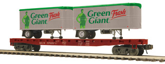 20-95555 O Scale MTH Premier Flat Car w/(2) PUP Trailers-Milwaukee Road (Green Giant)