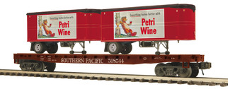 20-95557 O Scale MTH Premier Flat Car w/(2) PUP Trailers-Southern Pacific (Petri Wine)
