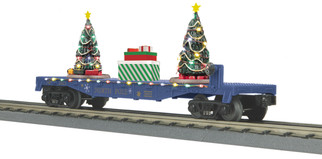30-76866 O Scale MTH RaulKing Flat Car w/Lighted Christmas Trees-North Pole (Blue) No. 2023