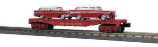 30-76874 O Scale MTH RailKing Flat Car w/(2) '57 Chevy Nomads (Red)-Union Pacific
