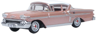 87CIS58001 HO Scale Oxford Diecast Chevrolet Impala Sport Coupe 1958 Cay Coral and White