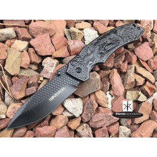 8.25" Collectible Camping Hunting FANTASY DRAGON ETCHED Folding Blade TITANIUM COATED Handle COMBAT Pocket Knife Black - CUSTOM ENGRAVED