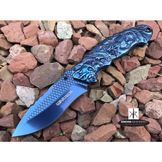8 1/4" Collectible Japanese Tatsu Dragon and Skull Design Assisted Open Pocket Folding Blue Knife RAZOR Blade - CUSTOM ENGRAVED