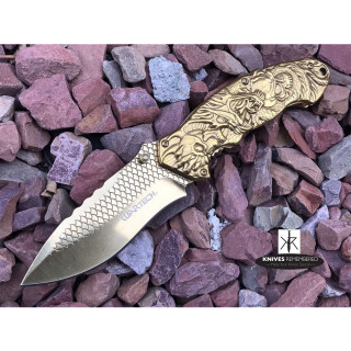 8 1/4" Collectible Japanese Tatsu Dragon and Skull Design Assisted Open Pocket Folding Gold Knife RAZOR Blade - CUSTOM ENGRAVED