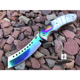 Buckshot Knives Thumb Open Spring Assisted Cleaver Classic Pocket Knife Rainbow - CUSTOM ENGRAVED