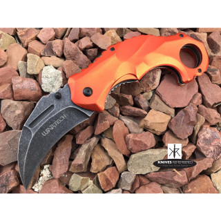 7.875" Stonewashed Karambit Hawk Bill Blade Tactical Outdoor Sturdy Aluminum Handle & Blade Pocket Folding RAZOR BLADE Knife Orange - CUSTOM ENGRAVED