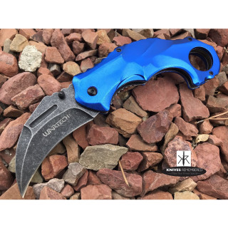 7.875" Stonewashed Karambit Hawk Bill Blade Tactical Outdoor Sturdy Aluminum Handle & Blade Pocket Folding RAZOR BLADE Knife Blue - CUSTOM ENGRAVED