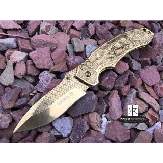 8.25" Collectible Camping Hunting FANTASY DRAGON ETCHED Folding Blade TITANIUM COATED Handle COMBAT Pocket Knife Gold - CUSTOM ENGRAVED