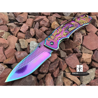 8.25" Collectible Camping Hunting FANTASY DRAGON ETCHED Folding Blade TITANIUM COATED Handle COMBAT Pocket Knife Rainbow - CUSTOM ENGRAVED