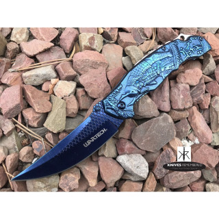 8 1/4" Japanese Samurai Bushido Collectible Hunting Camping Assisted Open Pocket Folding Knife Wartech Razor Blade Blue - CUSTOM ENGRAVED