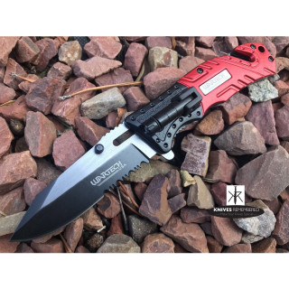 7.875" TWO TONED Half Serrated Drop Point Blade Tactical Hunting LED Light & Glass Breaker Handle Pocket Folding RAZOR BLADE Knife Red - CUSTOM ENGRAVED