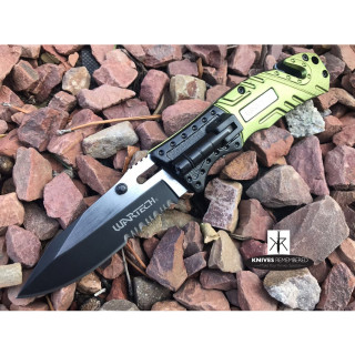 7.875" TWO TONED Half Serrated Drop Point Blade Tactical Hunting LED Light & Glass Breaker Handle Pocket Folding RAZOR BLADE Knife Green - CUSTOM ENGRAVED