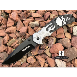 8 1/4" PUNISHER SKULL Collectible Hunting Camping Assisted Open Pocket Folding Knife Wartech Razor Blade Grey - CUSTOM ENGRAVED