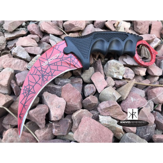 Cs Go Tactical Karambit Hawkbill Knife Survival Hunting Fixed Blade ABS Handle Red/Web - CUSTOM ENGRAVED