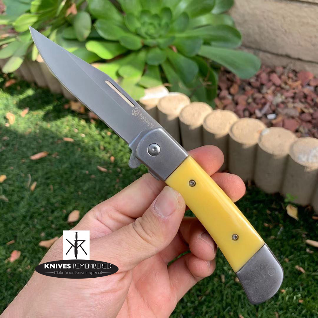 Buckshot Folding Classic Pocket Knife w/ Yellow Handle CUSTOM ENGRAVED