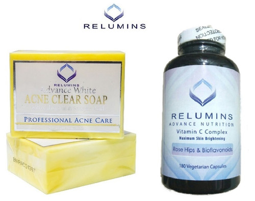Relumins Professional Acne Clear Soap + Relumins Advance Vitamin C - Max Skin Whitening Complex With Rose Hips & Bioflavanoids