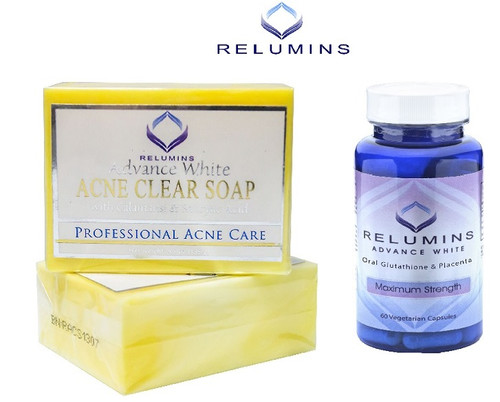 Relumins Professional Acne Clear Soap + Relumins White Oral Whitening Formula Capsules - New & Improved with Rose Hips