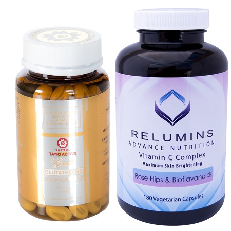 Relumins skin Lightening Vitamin C Capsules & Glutamax  & Tatiomax  Gold Skin Whitening Gel Pills