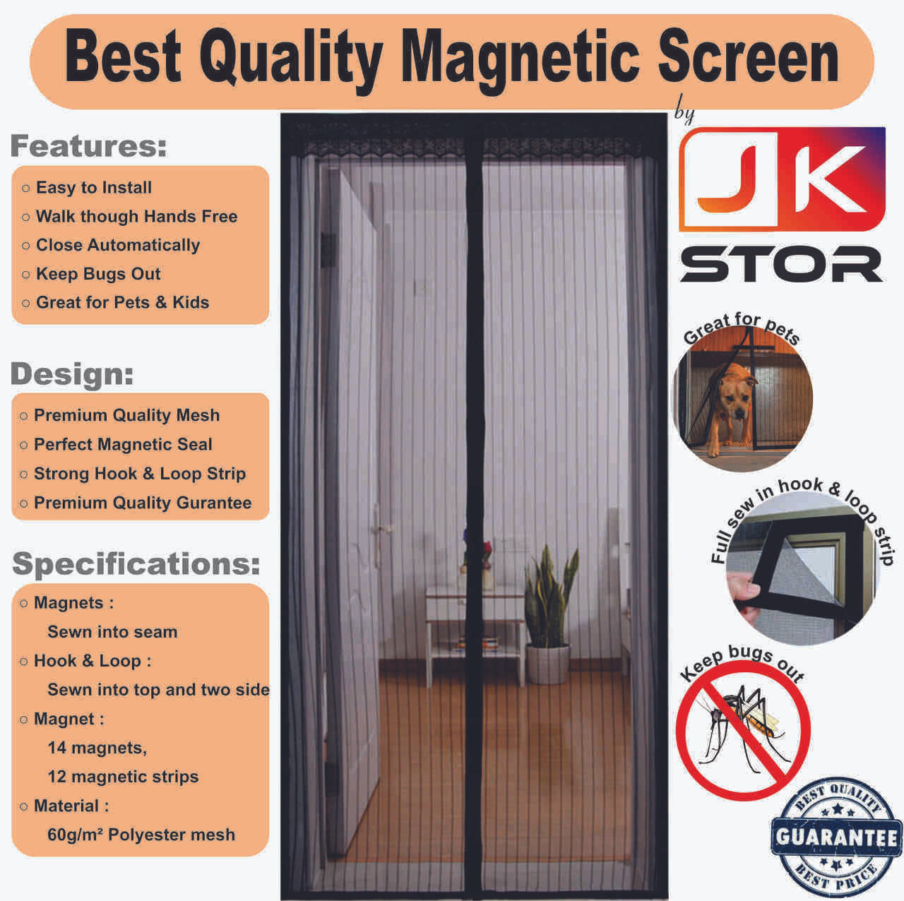 Magnetic Screen Full Protection Mosquito Door Net Curtain With full Frame  Hook and Loop Fastener Tape(36 W X 83 H) - Blue