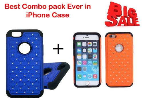 Best Combo Offer 2 in 1 Diamnond Bling Hybrid Dual Layer Armor Protective Case for iPhone 6/6S[4.7"] - Blue,Orange