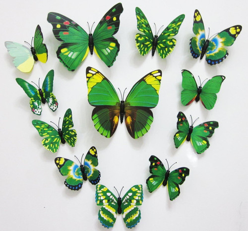 Removable Simple Bright Design 12PC Of 3D Butterfly Stickers With Magnet,  For Decoration Kids Room,Fridge - Green Pattern