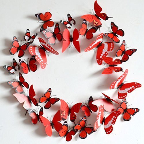 12PC Removable Home 3D Butterfly Wall Stickers With Magnet - Red Pattern