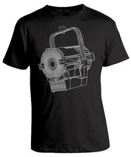 Blueprint line art of a theatre stage lamp spotlight. Graphic tee for stage techs and lighting designers.