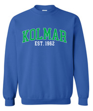 Kolmar Collegiate Green Text Royal Gildan Crewneck
