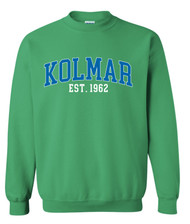 Kolmar Collegiate Blue Text Kelly Green Gildan Crewneck