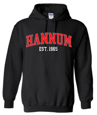 Hannum Collegiate Red Text Black Gildan Hoodie