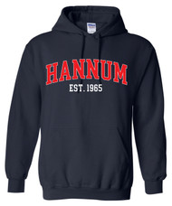 Hannum Collegiate Red Text Navy Gildan Hoodie