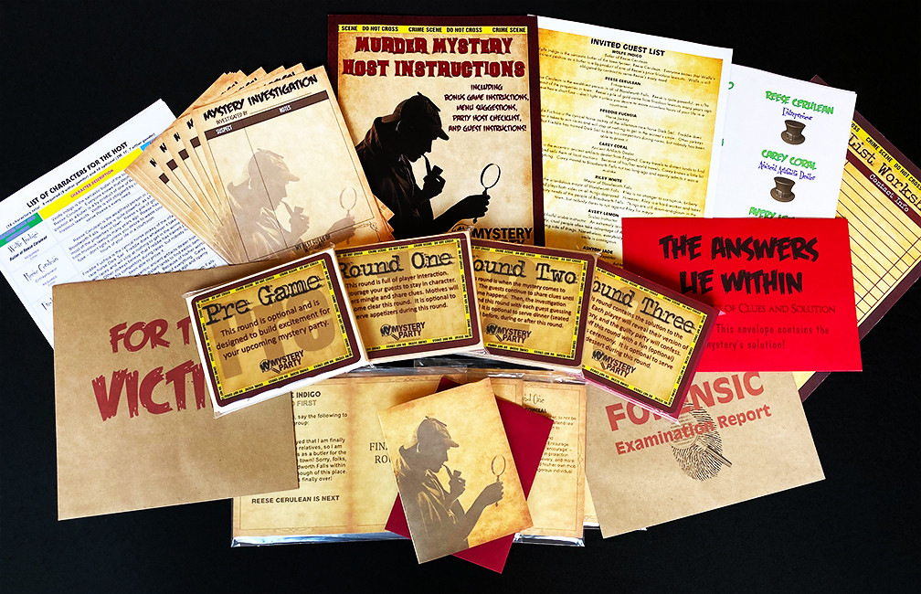 This is an example party ready pack for a murder mystery party game. 