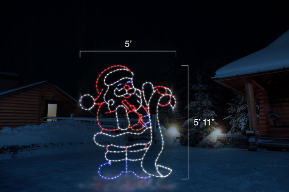 Red, white and blue LED display of Santa checking his list with dimensions 5' by 5'11"