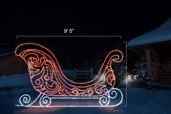 Large beautiful sleigh made up of red LED lights with a white bottom with dimensions 9'5" by 5'8"