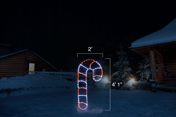 LED light display of a red and white candy cane facing right with dimensions 2' by 4'1"