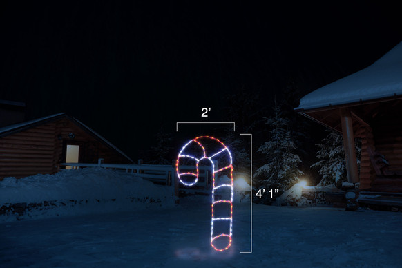 LED light display of a red and white candy cane facing left with dimensions 2' by 4'1"