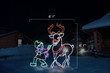 Green LED elf with a red coat and purple scarf guiding a white reindeer with red antlers with dimensions 6'1" by 6'1"
