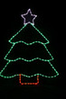 LED light display of a green Christmas tree with a purple star and red tree trunk