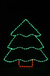 Large green LED light display of a Christmas tree with a red trunk