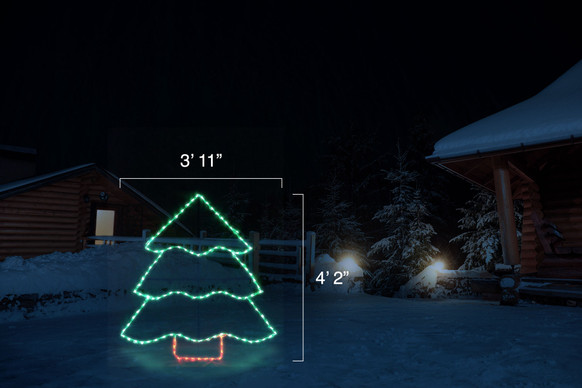 Large green LED light display of a Christmas tree with a red trunk with dimensions 3'11" by 4'2"