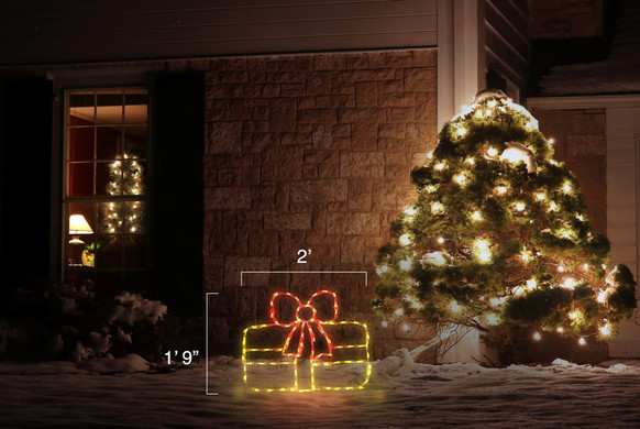 LED light display of a yellow Christmas package with a red ribbon with dimensions 2' by 1'9"