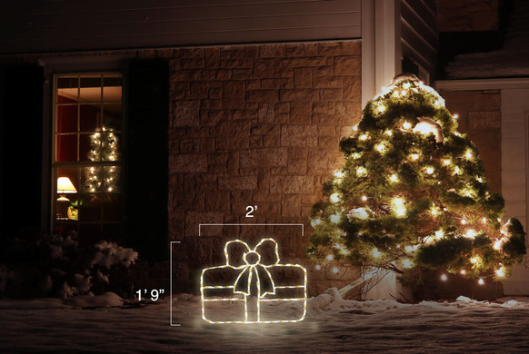 LED light display of a warm white Christmas package with a beautiful white bow  with dimensions 2' by 1'9"