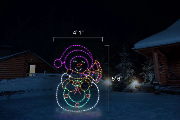 LED light display of a snow lady with a yellow scarf and mittens, a purple hat, who is holding a green wreathe with a red bow and berries with dimensions 4'1" by 5'6"