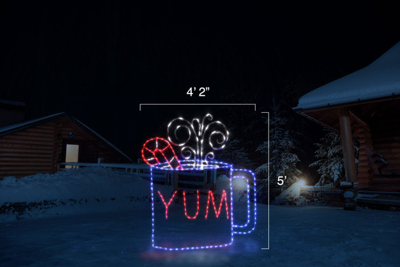 Animated red, blue and white LED light display of a cup of cocoa with candy cane garnish in a cup with "YUM" written on it with dimensions 4'2" by 5"