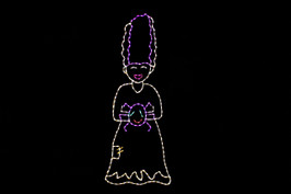 Tall white and purple LED light display of the bride of Frankenstein holding a spider