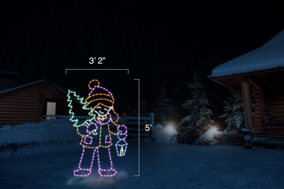 LED light display of a purple and yellow girl carrying a blue lantern and green Christmas tree with dimensions 3' 2" by 5"