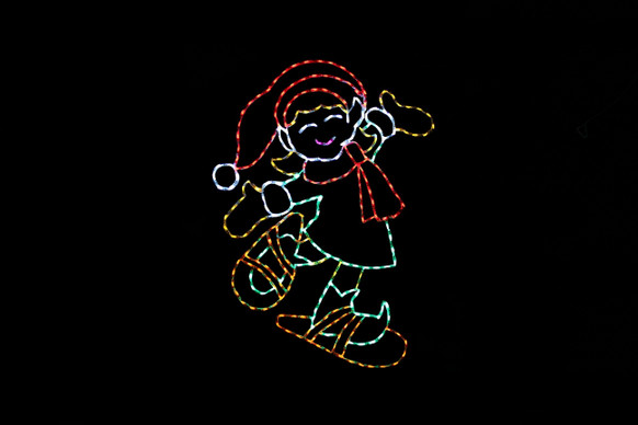 A snowshoeing elf light display.